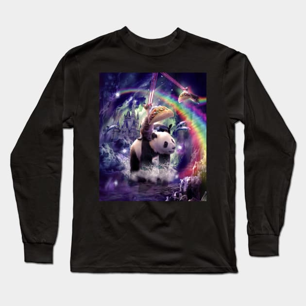 Rainbow Laser Space Cat On Panda Eating Taco Long Sleeve T-Shirt by Random Galaxy